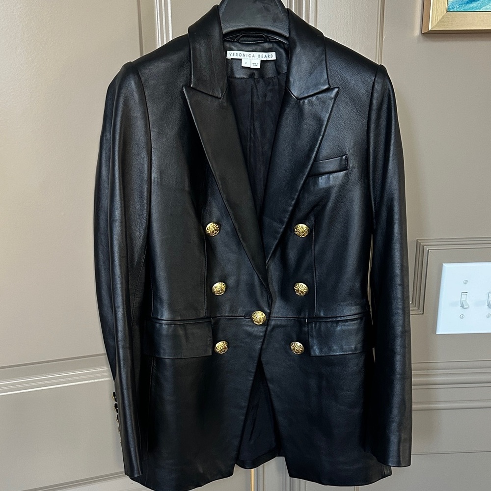 Veronica Beard Black Gaya Leather Dickey Jacket with Gold Buttons - Picture 2 of 6